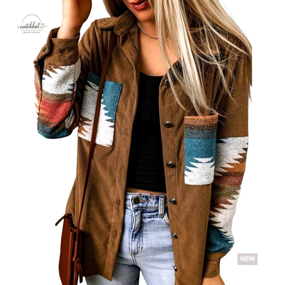Corduroy Flannel Shacket Long Sleeve Button Down Aztec Print Loose Fit